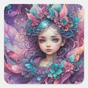 CORA ~ WOW! Fairy Rosa Blue Lavender ~ Fyrkantigt Klistermärke