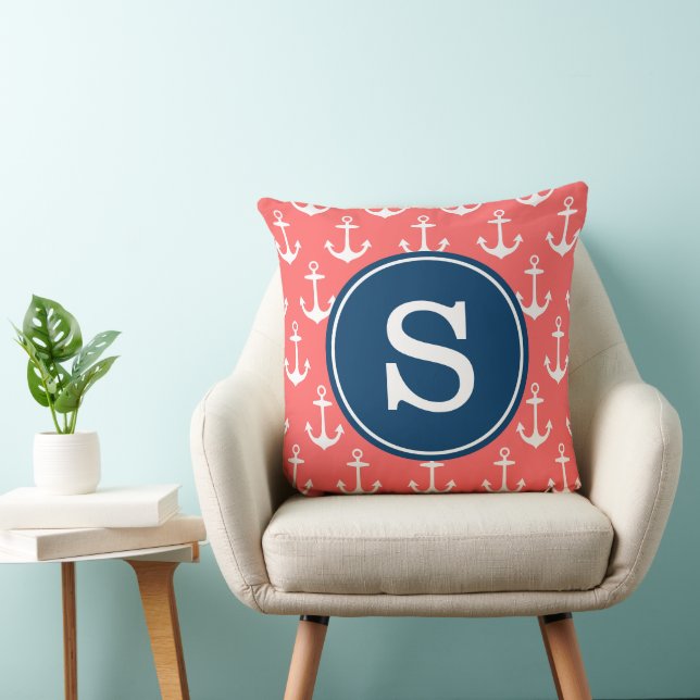 Coral Anchor Mönster med marinmonogram Pillow Kudde (Stol)