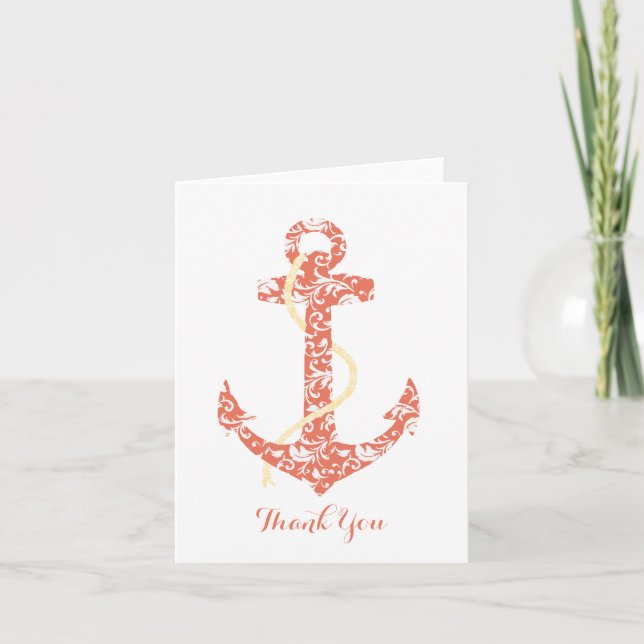 Coral and Gult Anchor Beach Wedding Tack Kort (Framsida)