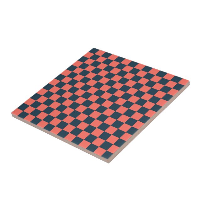 Coral and navy checkerboard pattern kakelplatta (Sidan)