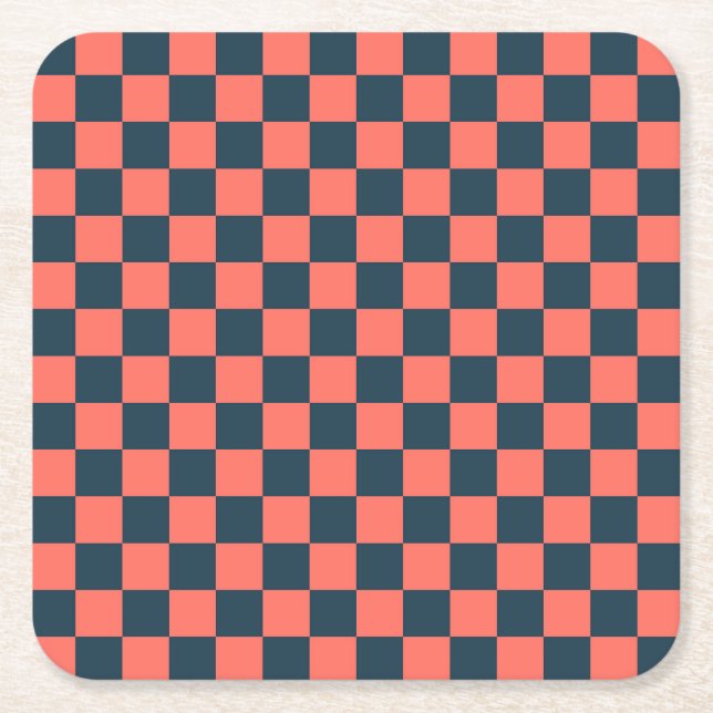 Coral and navy checkerboard pattern underlägg papper kvadrat (Framsidan)