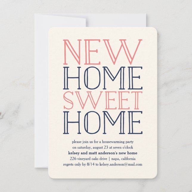 Coral and Navy Typography Houseuppvärmning Party Inbjudningar (Framsida)