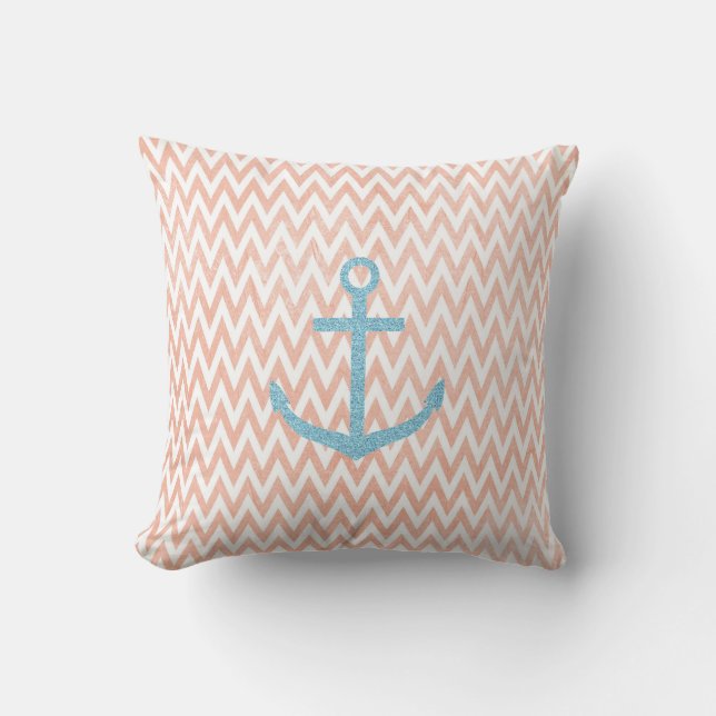 Coral and White Chevron Aqua Glitter Anchor Kudde (Framsida)