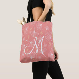 Coral and White Ginkgo Monogram Tote Bag Tygkasse