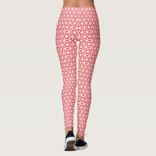 Coral and White Lattice Star Mönster Leggings (Baksida)