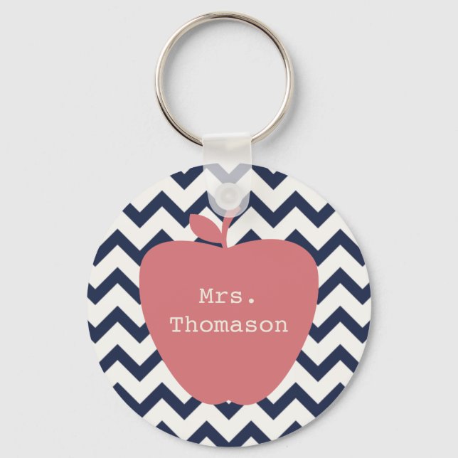 Coral Apple & Navy Chevron Teacher Nyckelring (Framsida)