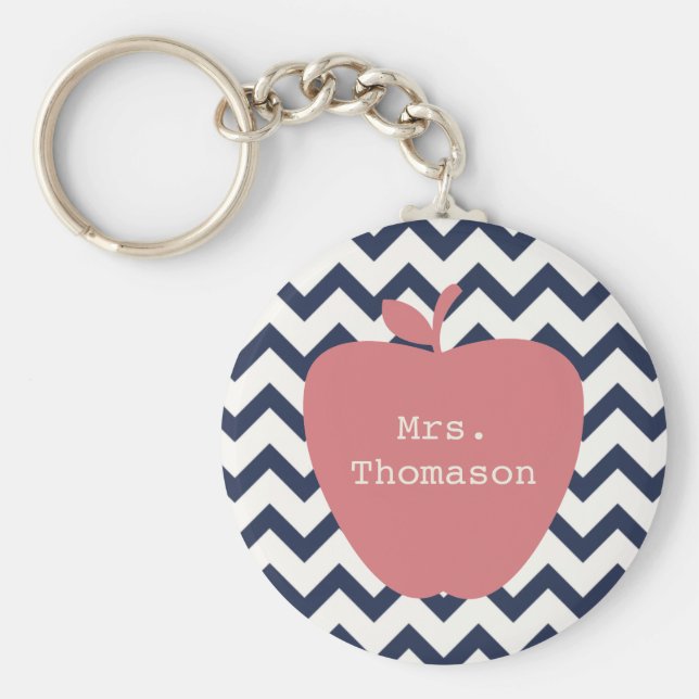 Coral Apple & Navy Chevron Teacher Nyckelring (Framsidan)