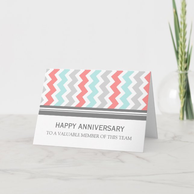 Coral Aqua Grått Chevron Employee Anniury Card Kort (Framsida)