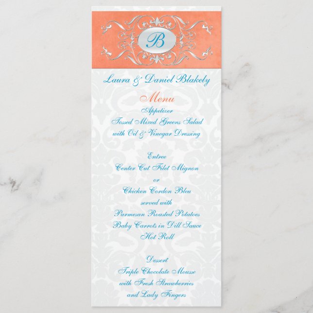 Coral, Aqua och Grått Damask Monogrammed Menu Meny (Framsida)