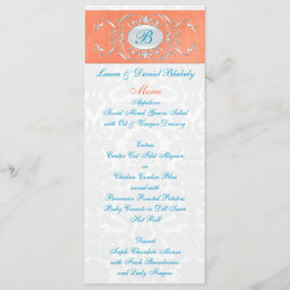 Coral, Aqua och Grått Damask Monogrammed Menu Meny