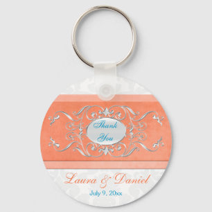 Coral, Aqua och Grått Damask Wedding Favor Nyckelring