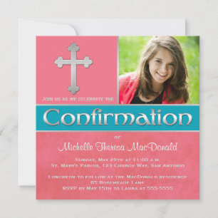 Coral, Aqua, Silver Confirmation Photo Inbjudan