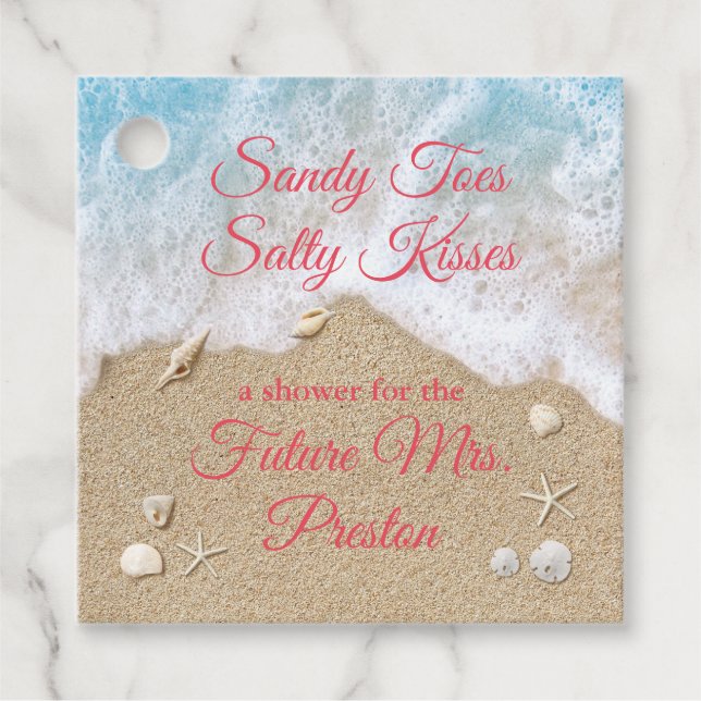 Coral Beach Vågar Sandy Toes Möhippa Gåvor Etiketter (Framsida)