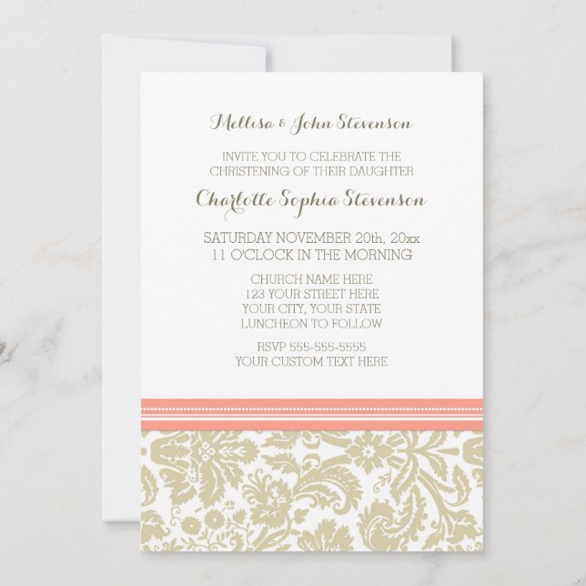 Coral Beige Damask Christening bjudande Inbjudningar (Baksida)