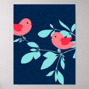 Coral Birds on a Aqua Gren, Baby Nursery Decor Poster