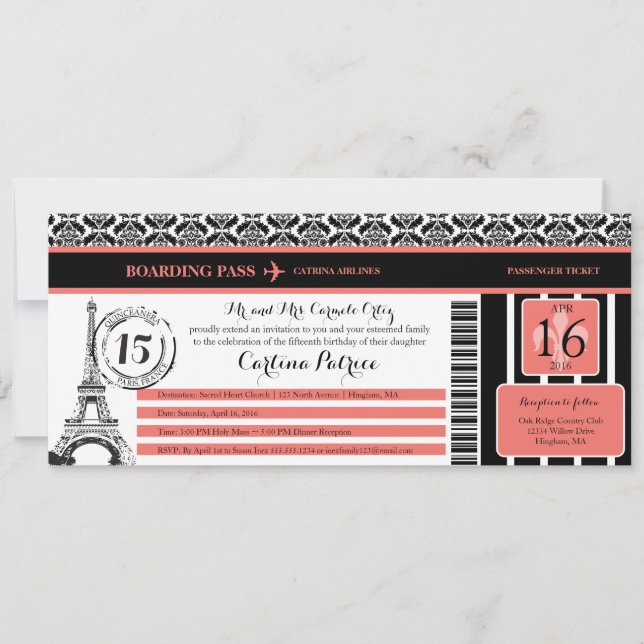 Coral Black Damask Quinceanera Paris Boarding Pass Inbjudningar (Framsida)