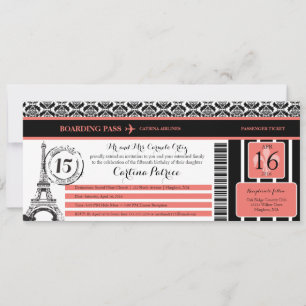 Coral Black Damask Quinceanera Paris Boarding Pass Inbjudningar