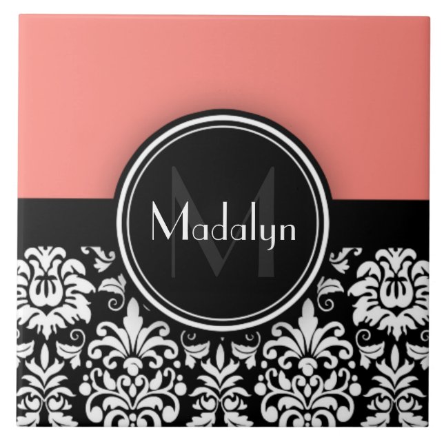 Coral Black White Damask Monogram Brev Kakelplatta (Framsidan)