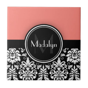 Coral Black White Damask Monogram Brev Kakelplatta