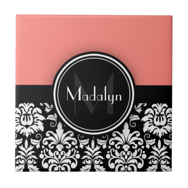 Coral Black White Damask Monogram Brev Kakelplatta (Framsidan)