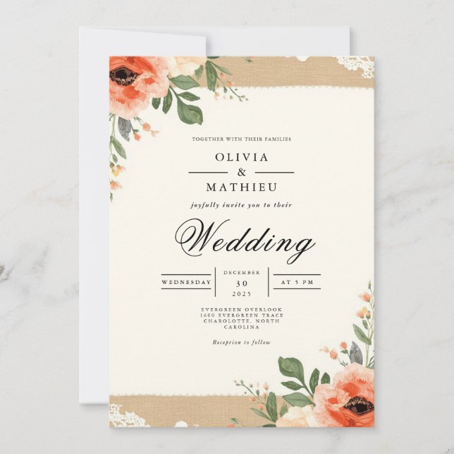 Coral Blommar Rustic Flourish Bröllop Inbjudningar (Framsida)
