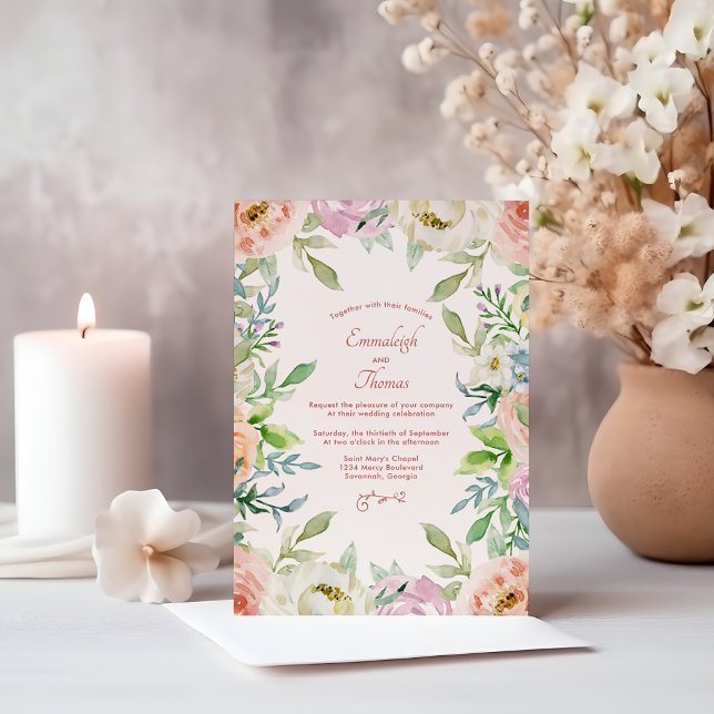 Coral Blommigt Boho Chic Bröllop Magnetisk Inbjudningskort (Skapare uppladdad)