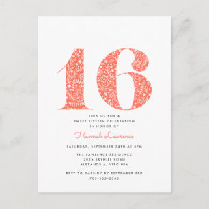Coral Blommigt Sweet 16 Birthday Call Vykort