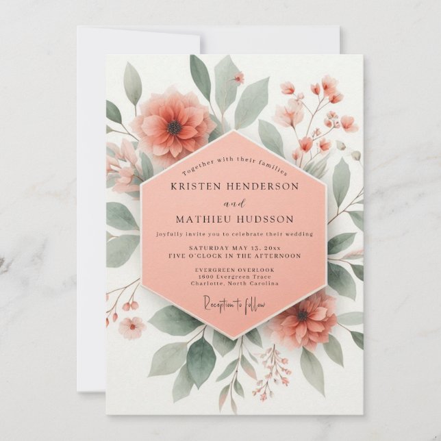 Coral Blossom Botanical Romance Wedding Inbjudningar (Framsida)