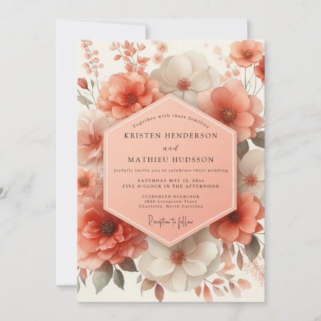 Coral Blossom Romantic Wedding Inbjudningar (Framsida)