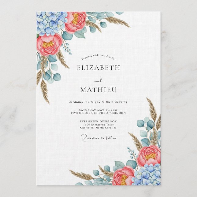 Coral Blue Botanical Flourish Wedding Inbjudningar (Framsida)