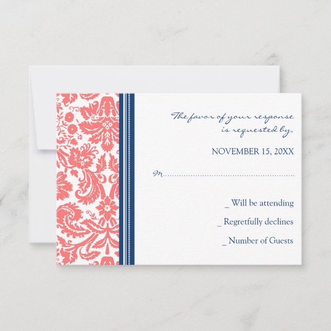 Coral Blue Damask OSA Bröllop Card (Framsida)