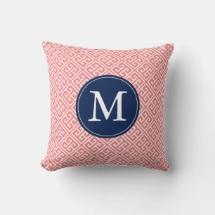 Coral Blue Grekiska Nyckel Mönster Monogram Kudde