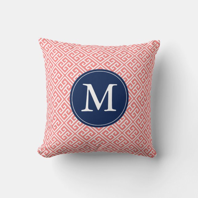 Coral Blue Grekiska Nyckel Mönster Monogram Kudde (Framsida)