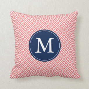 Coral Blue Grekiska Nyckel Mönster Monogram Kudde