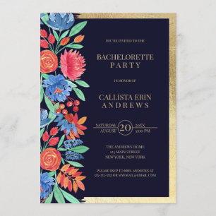Coral Blue Guld Blommigt Watercolor Bachelorette Inbjudningar