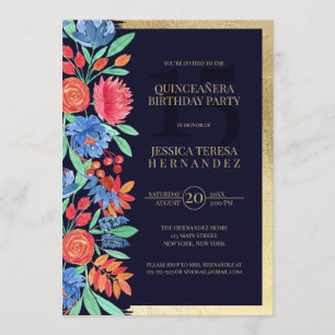 Coral Blue Guld Blommigt Watercolor Quinceañera Inbjudningar