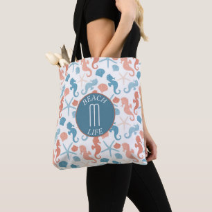 Coral Blue Nautical Monogram Mönster Tygkasse