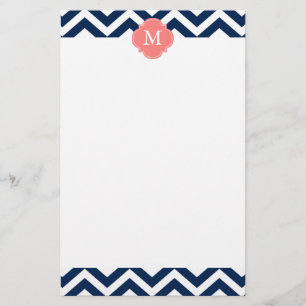 Coral & Blue Zigzags Mönster Monogram Brevpapper