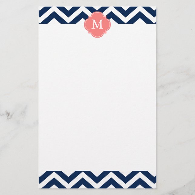 Coral & Blue Zigzags Mönster Monogram Brevpapper (Framsida)