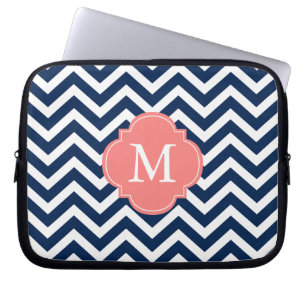 Coral & Blue Zigzags Mönster Monogram Laptop Sleeve