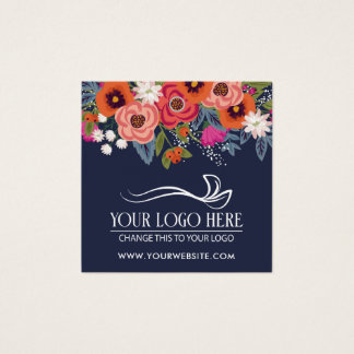 Coral Boho Florals Navy Blue Product Hang Tag Fyrkantigt Visitkort