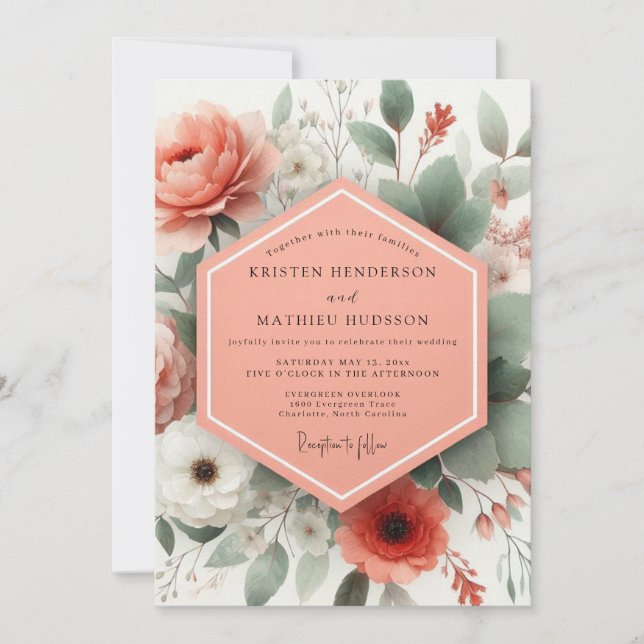 Coral Botanical Elegance Wedding Inbjudningar (Framsida)