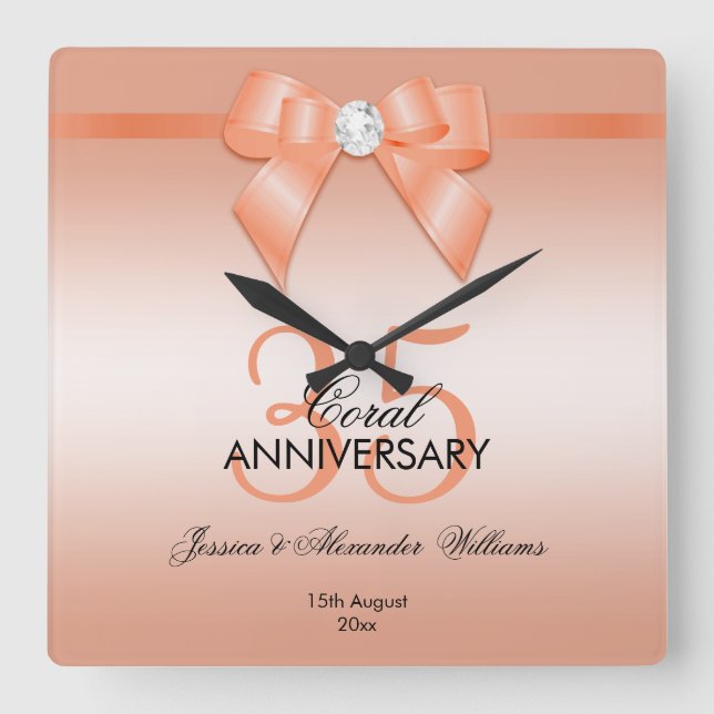 Coral Bow & Ribbon 35e Bröllop-årsdag Fyrkantig Klocka (Framsida)