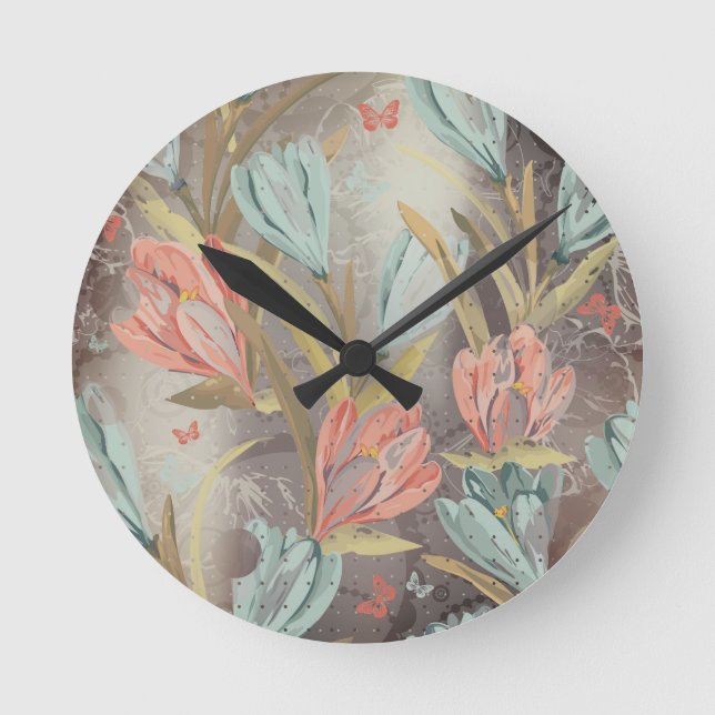 Coral Brown Blommigt Kaffe Blue Ivory Butterfly Rund Klocka (Framsida)