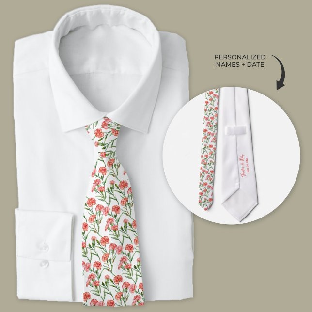 Coral Carnation Neck Tie Slips (Classic pink carnation pattern on white personalized wedding necktie.)