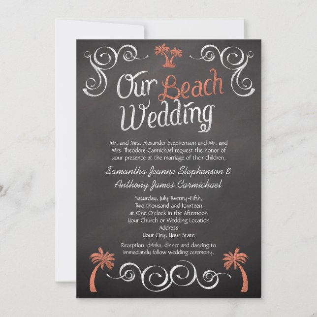 Coral Chalkboard-skript Beach Wedding Inbjudningar (Framsida)