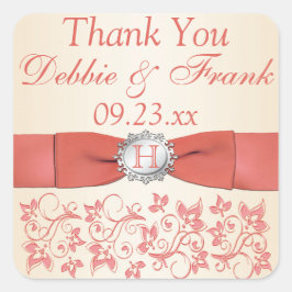 Coral, Champagne Blommigt Wedding Favor Sticker Fyrkantigt Klistermärke