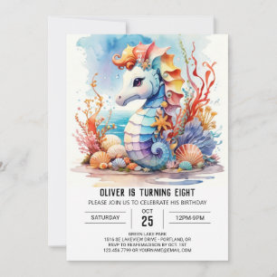 Coral Charm Nautical Seahorse Birthday Inbjudningar