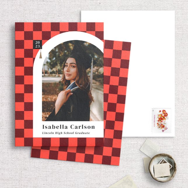 Coral Checkered Arch Photo Studenten Annoucement Meddelande (Skapare uppladdad)