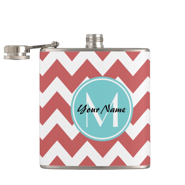 Coral Chevron Aqua Monogram, Personlig Fickplunta (Öppnad)